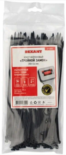 Хомут-стяжкa REXANT нейлоновая 200x3,6мм черная